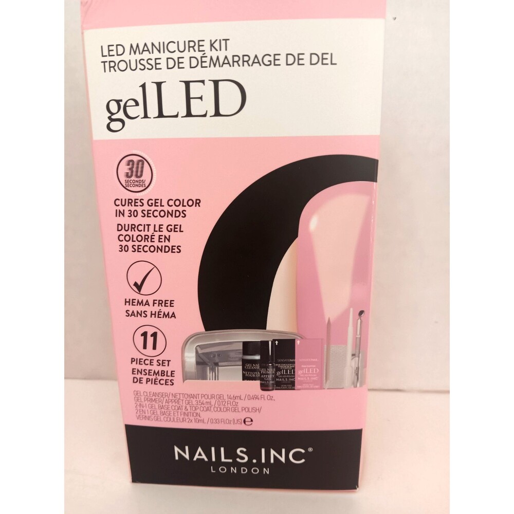Nails Inc London Gel LED Manicure Kit LED Lamp + Gel Polish NIP Pink 11 Piece